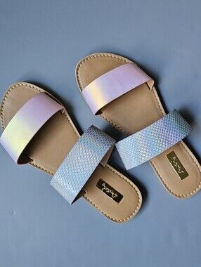 Qupid Iridescent Pastel Double-Strap Slide Sandals